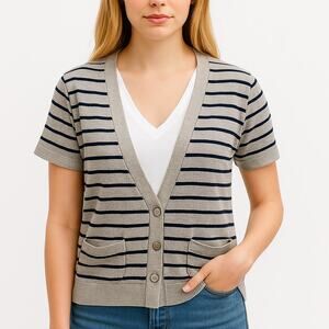 American Eagle Gray Stripe Short Sleeve Cardigan Preppy Vintage Y2K M